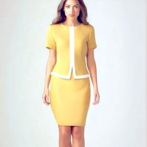 90s DONNA RICCO WOVEN YELLOW & WHITE CENTER STRIPE SHORT SLEEVE FITTED DRESS 10